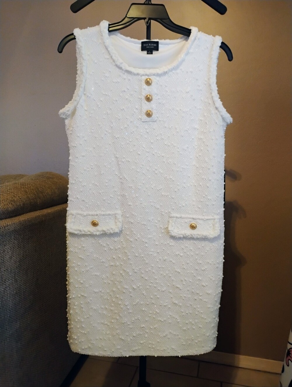 Isaac Mizrahi Ivory Tweed  Sleeveless Mini Dress Size Large NWT
